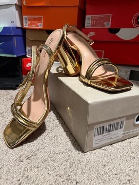 Gold Metallic Block Heel Slingback Sandals - Women